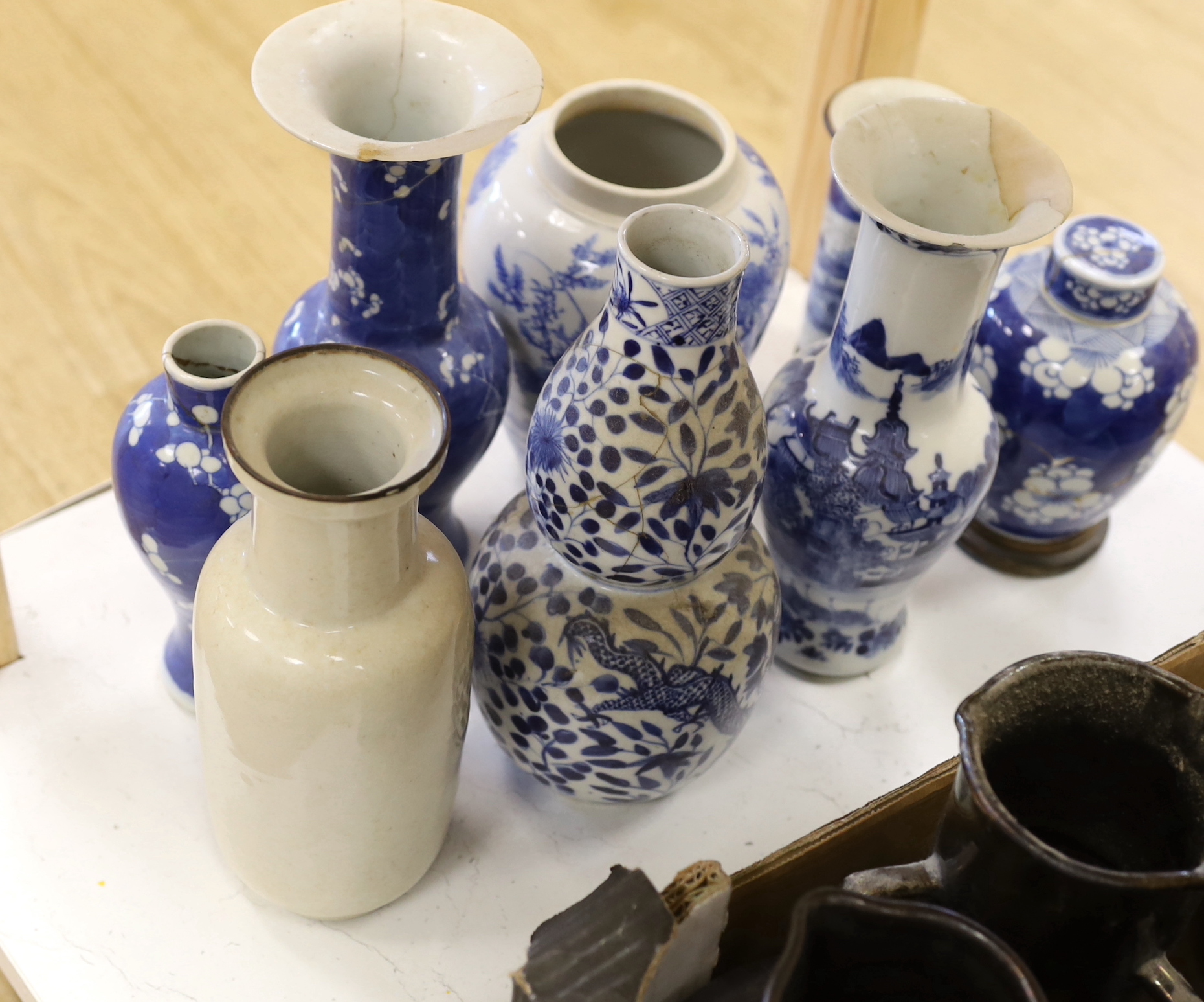 Eight assorted Chinese blue and white vases, double gourd dragon vase 26cm high (with faults)